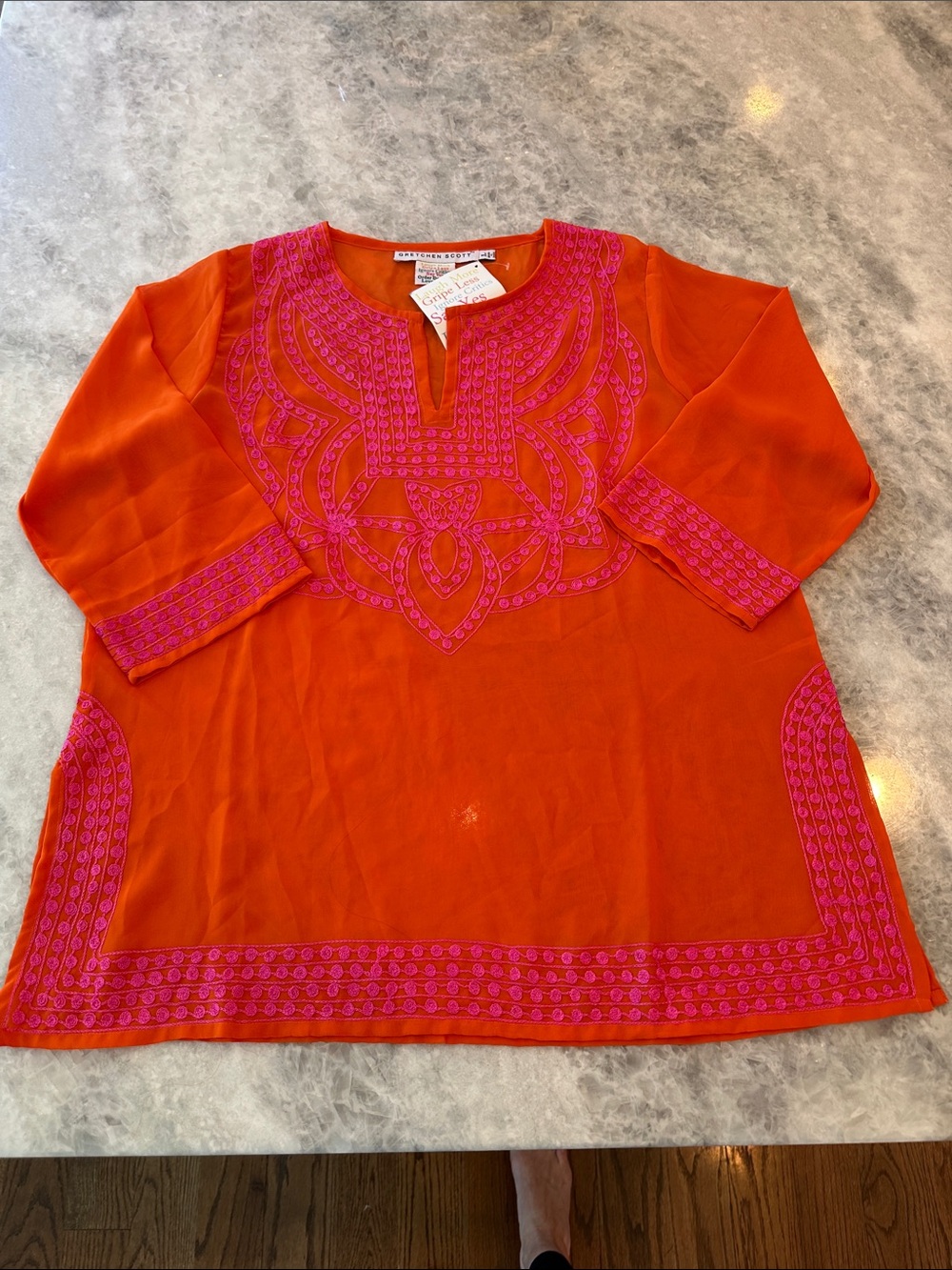 Gretchen Scott Sheer Embroidered Tunic, Size L, Orange & Pink